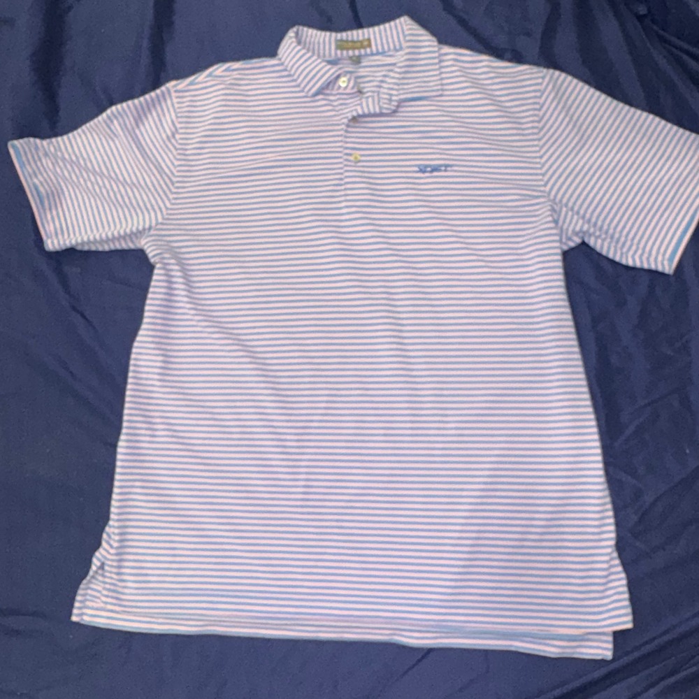 Peter Millar Summer Comfort Mens XL Polo Shirt Pink Blue Stripe XOJET logo